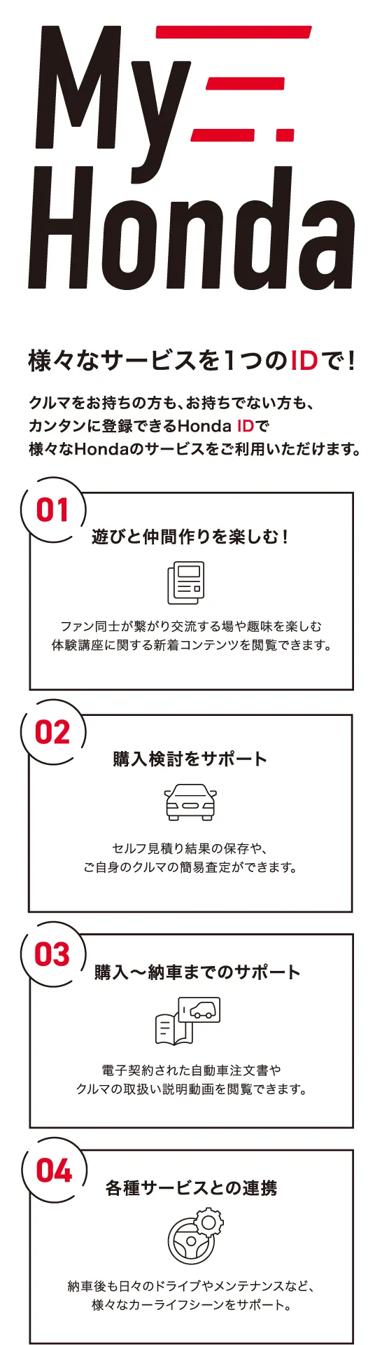 My Honda | 様々なサービスを1つのIDで!｜クルマをお持ちの方も、お持ちでない方も、カンタンに登録できるHonda IDで様々なHondaのサービスをご利用いただけます。